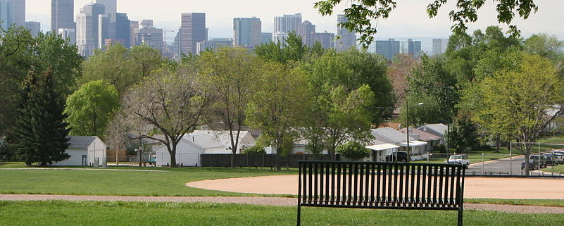 Bench in park overlooking Denver